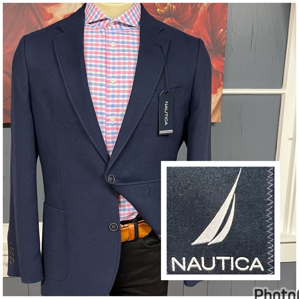 Nautica Soft Tweed Flannel Blazer Jacket Sport Coat Mens 44L Long Polyester Navy